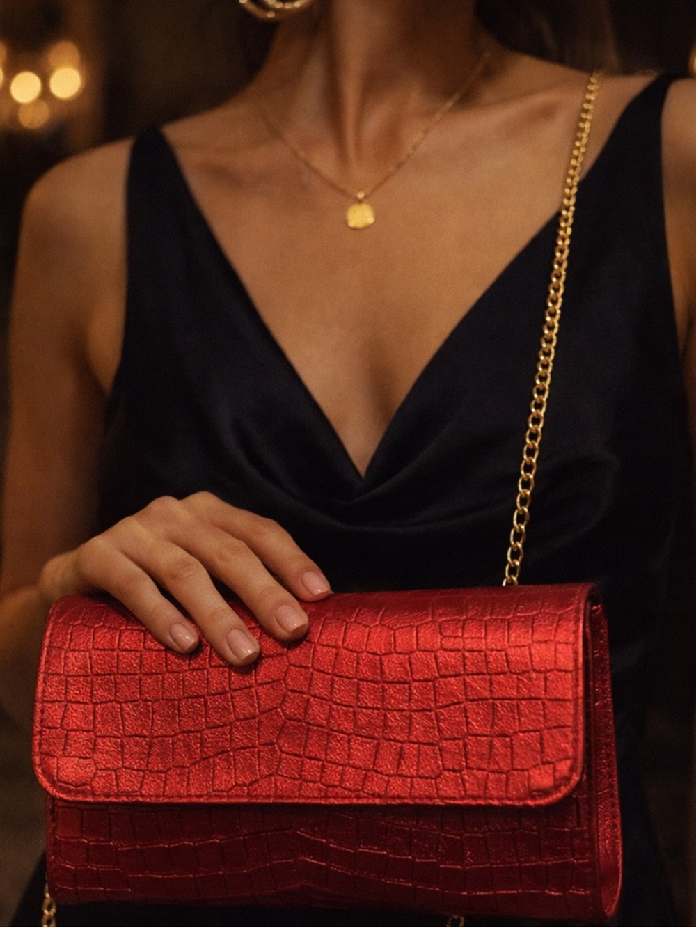 Persaman NY Red Metallic Croc Embossed Clutch Chain Crossbody